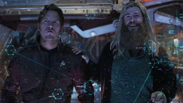 Starlord with Thor aboard their ship in Avengers: Endgame.