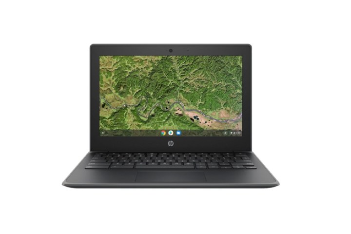 A front view of an HP 11-inch Chromebook on a white background.
