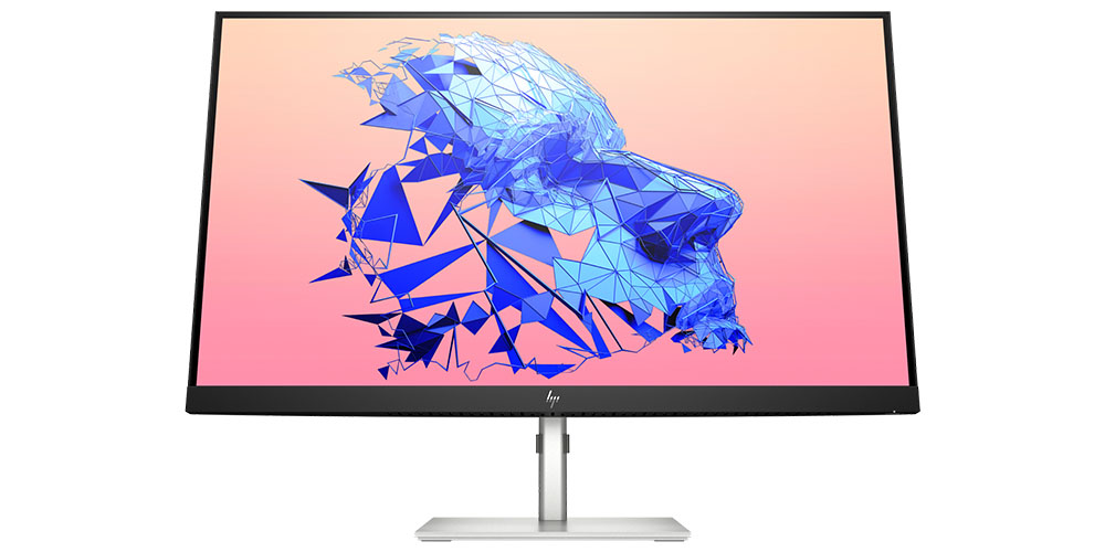Monitor HP U32 4K em um fundo branco exibindo uma cena vibrante.