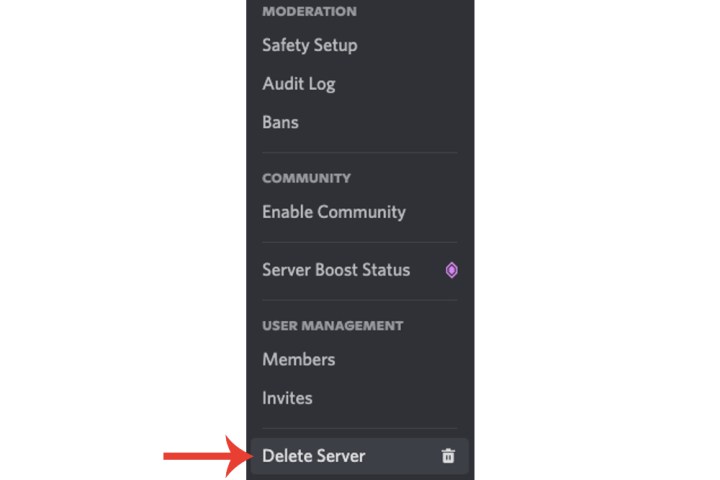 The Delete server option on Discord.