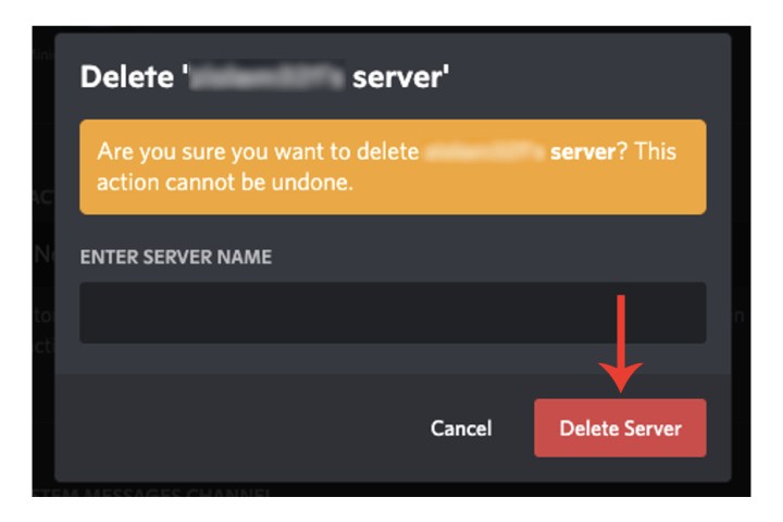 Entering the name of a Discord server in order to confirm its deletion.