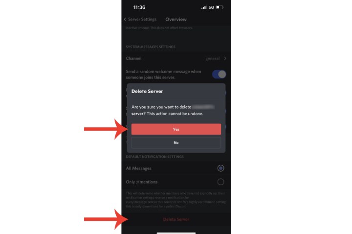 The delete button for deleting a Discord server on iPhone.