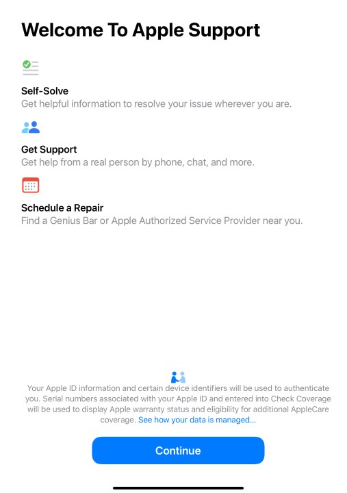The Apple Support app welcome screen for first time users explains what the app does