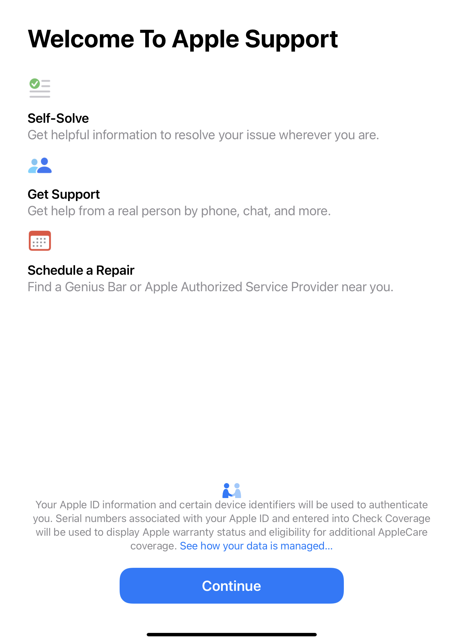 A tela de boas-vindas do aplicativo de suporte da Apple para usuários iniciantes explica o que o aplicativo faz