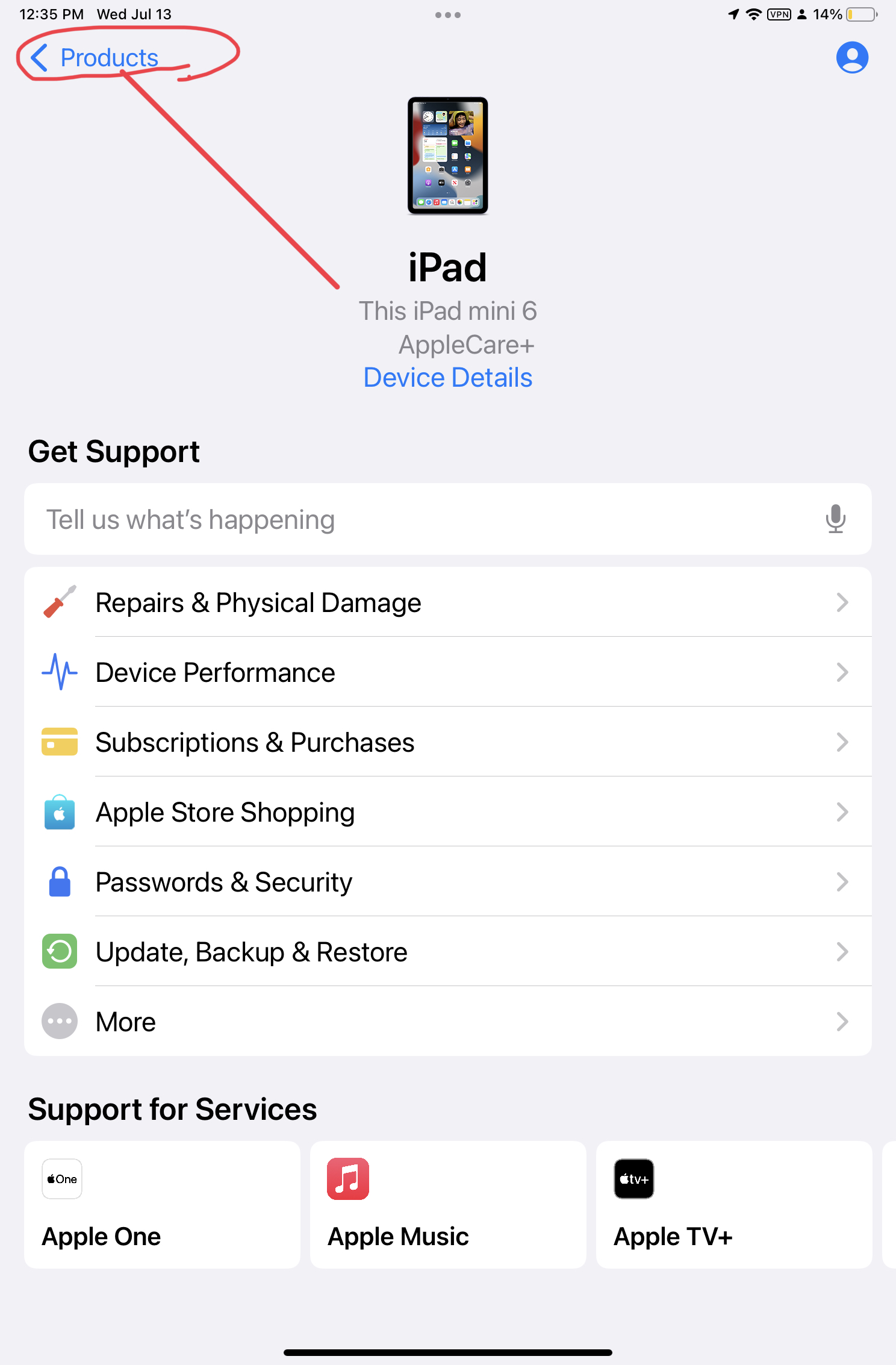 O aplicativo de suporte da Apple com "produtos" circulado em vermelho no canto superior esquerdo