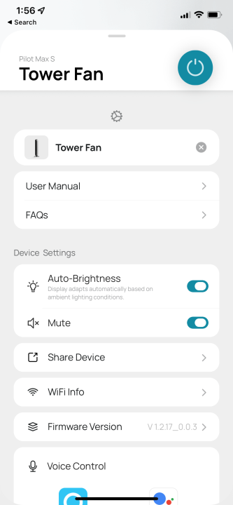 The Dreo app with user settings.
