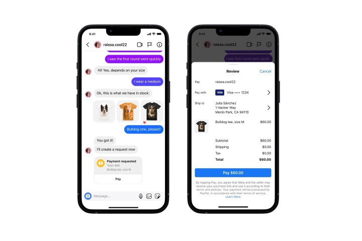Dos capturas de pantalla móviles que muestran la nueva funcionalidad de pago de chat de Instagram en acción sobre un fondo blanco.