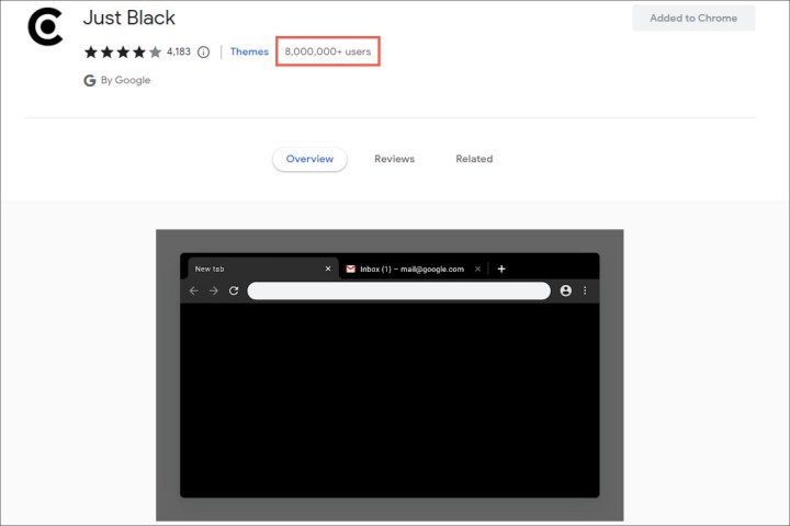 Just Black theme on the Chrome Web Store showing the number of users.
