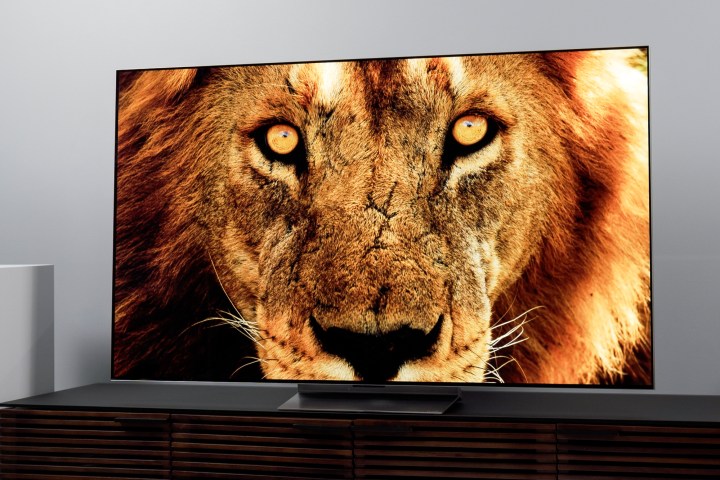 Televisor OLED LG G2 con una cara de león en la pantalla.