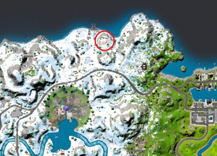 Map of warehouse on the north side of Fortnite island.