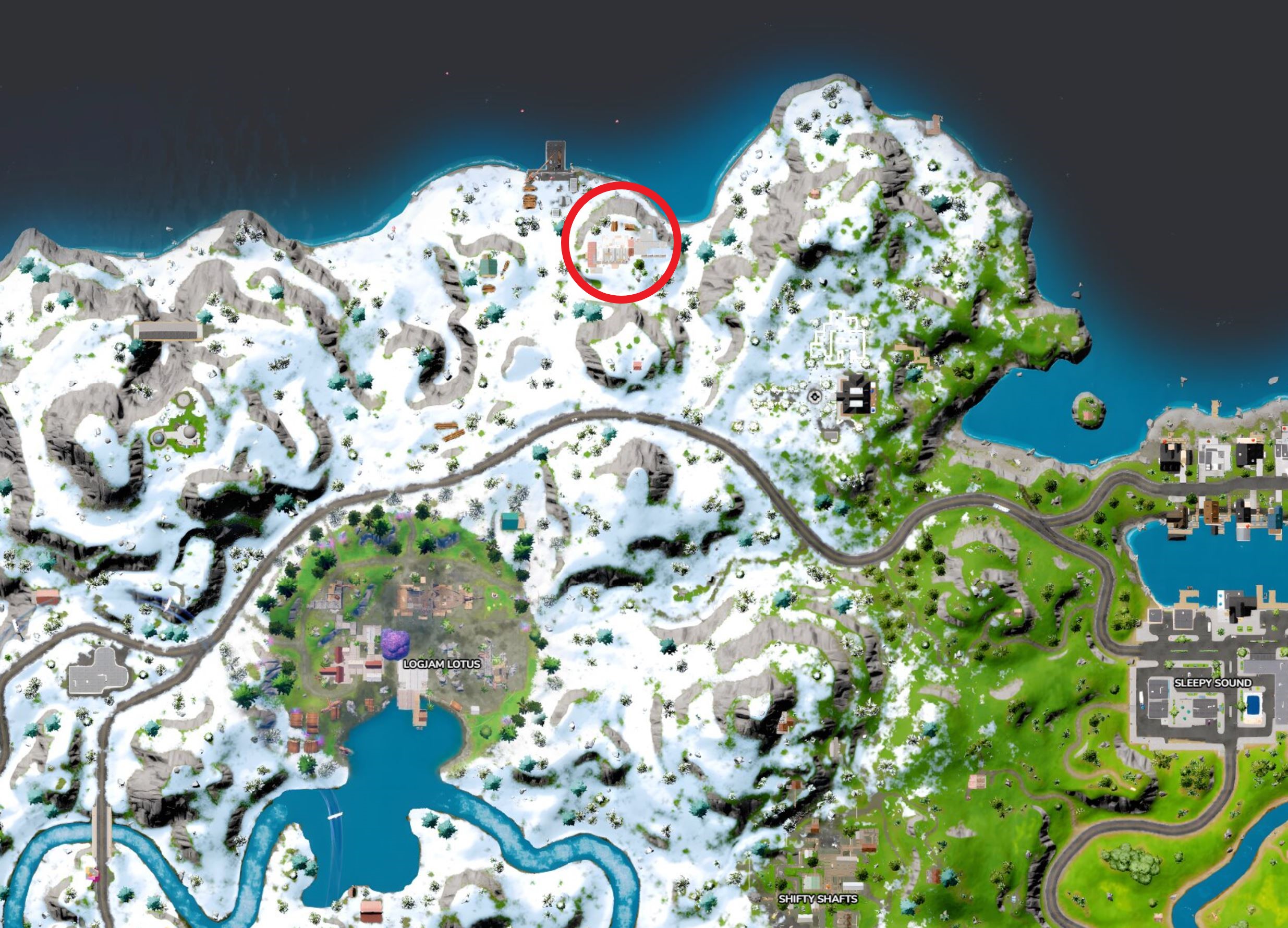 Mapa do armazém no lado norte da ilha Fortnite.
