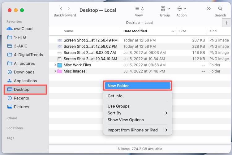 New Folder in the Finder shortcut menu on Mac.