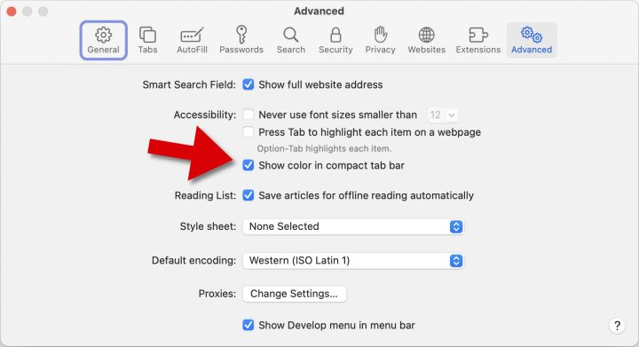 MacOS Safari Advanced Preferences include a color tabs option.