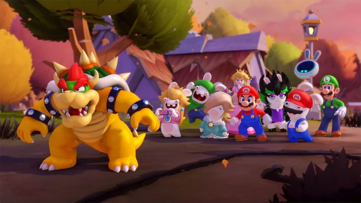Bowser standing ahead of Mario and friends.