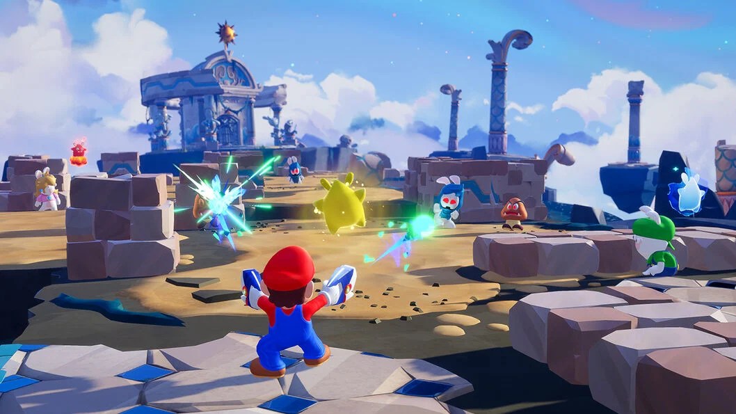 Mario schießt mit zwei Blastern.