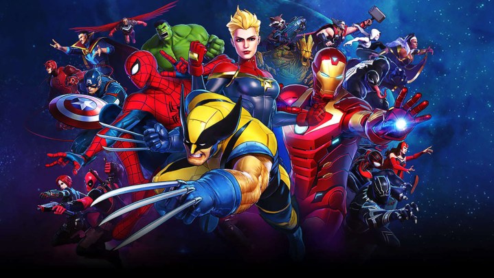 A collage of Marvel heroes in action poses for Marvel Ultimate Alliance 3 key art.
