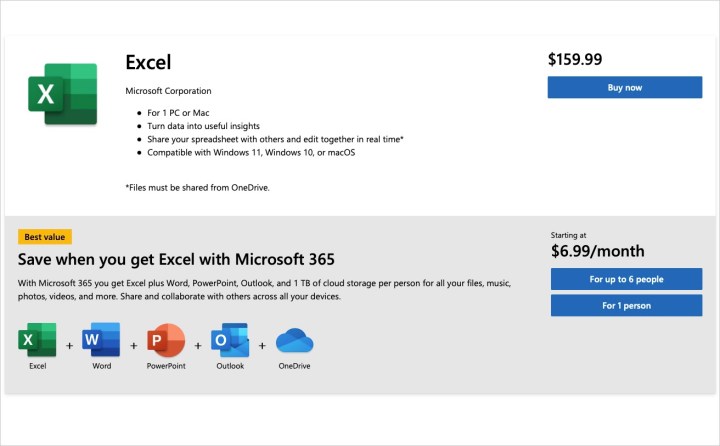 Coût Excel et forfaits Microsoft 365.