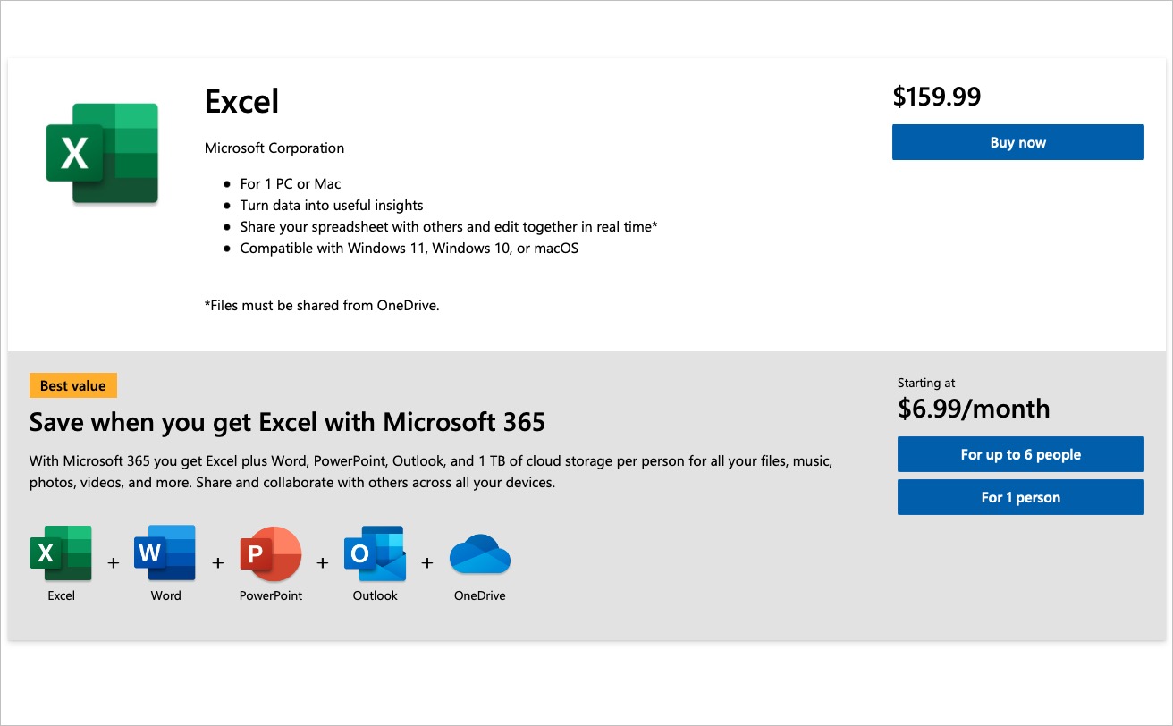 Excel cost and Microsoft 365 plans.