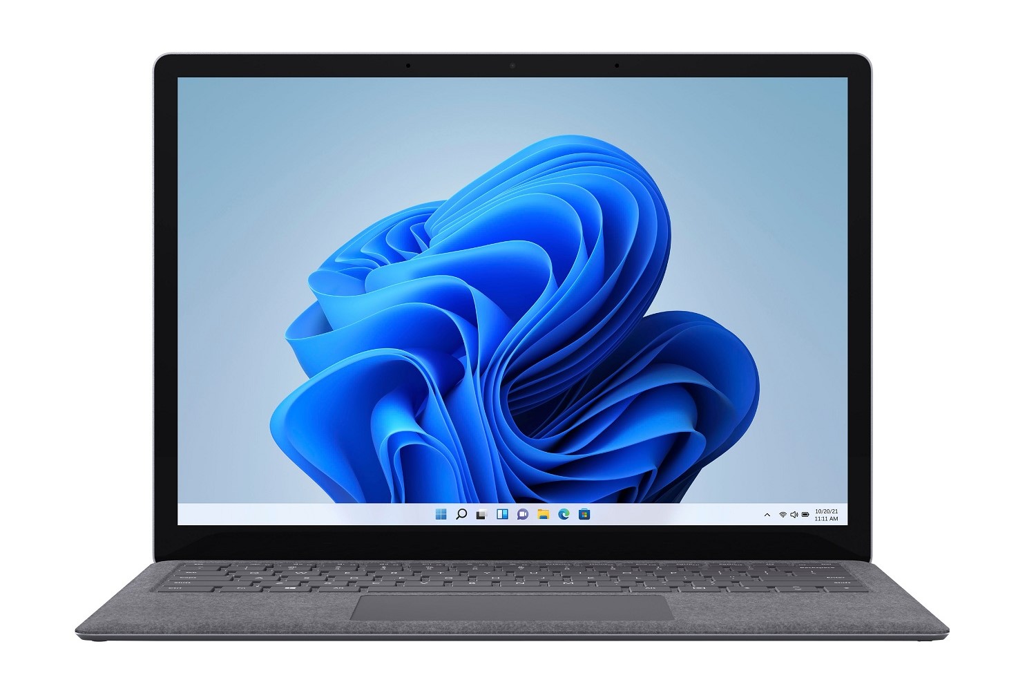 Beyaz bir arka plan üzerinde bir Microsoft Surface Laptop 4'ün önden görünümü.