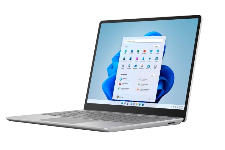 A diagonal front view of a silver Microsoft Surface Laptop Go on a white background.