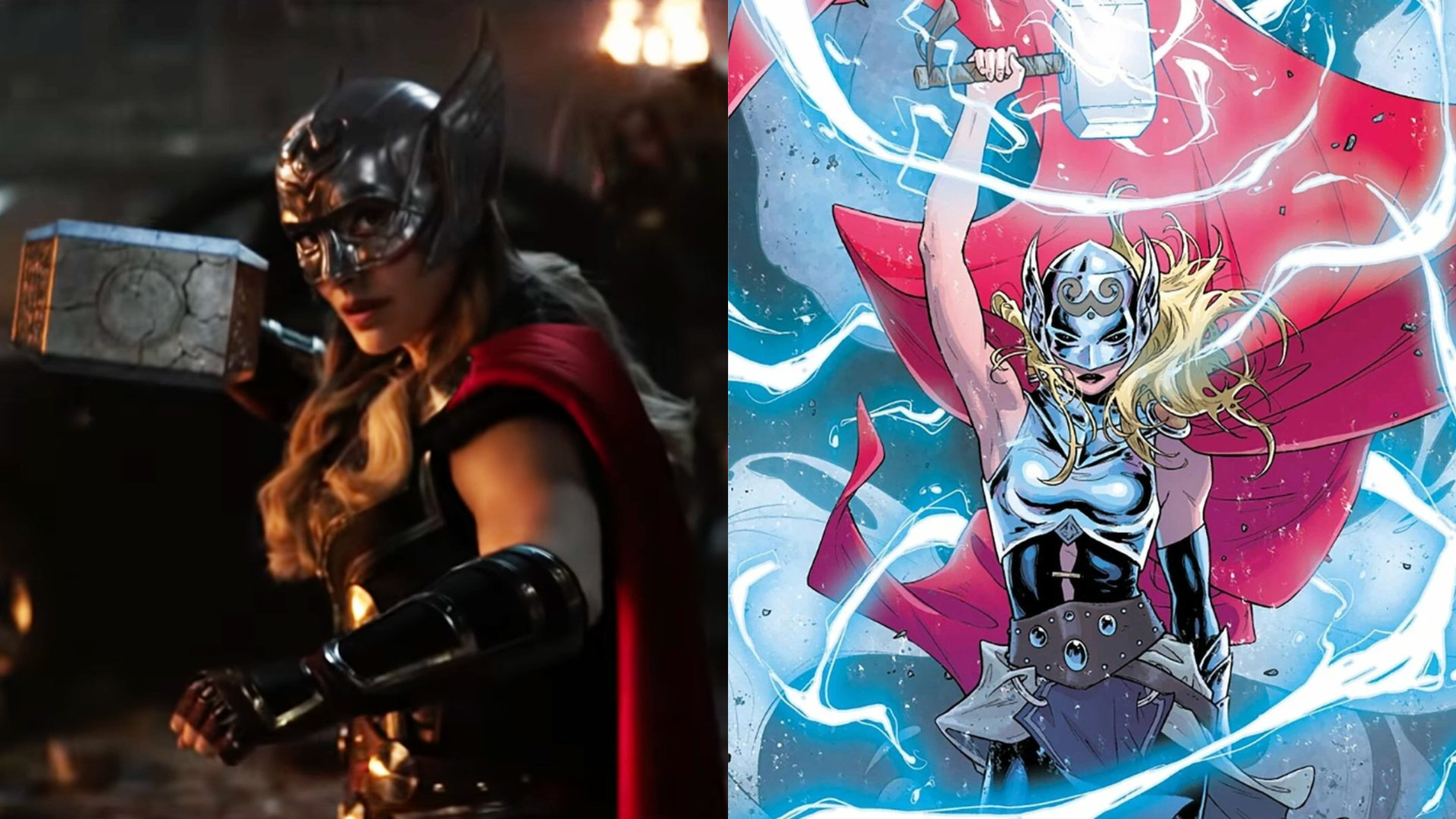 Imagem dividida de Natalie Portman como Poderoso Thor em Amor e Trovão e empunhando Mjolnir nos quadrinhos.