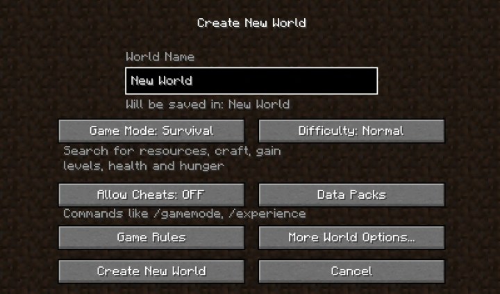 Minecraft Create New World.