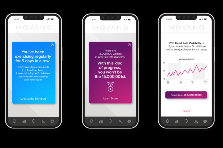 A preview of Movano's smart ring app.