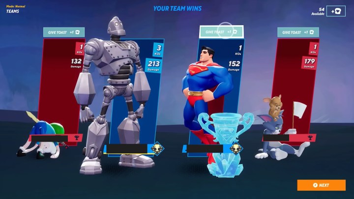 A match results screen in MultiVersus featuring WB characters like Superman and Iron Giant.