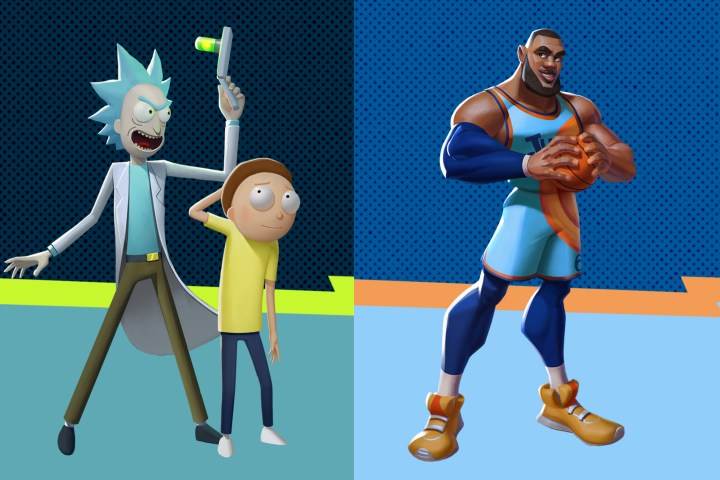 Rick and Morty and LeBron pose for an image of a MultiVersus key.