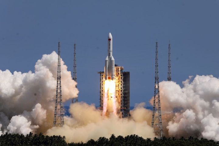 A Chinese Long March-5B rocket launches from Wenchang Spacecraft Launch Site in Hainan province, carrying the space station module Wentian on July 24, 2022.