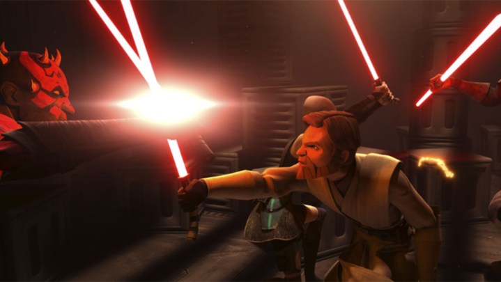 Obi-Wan and Asajj Ventess fighting Maul and Savage Opress.