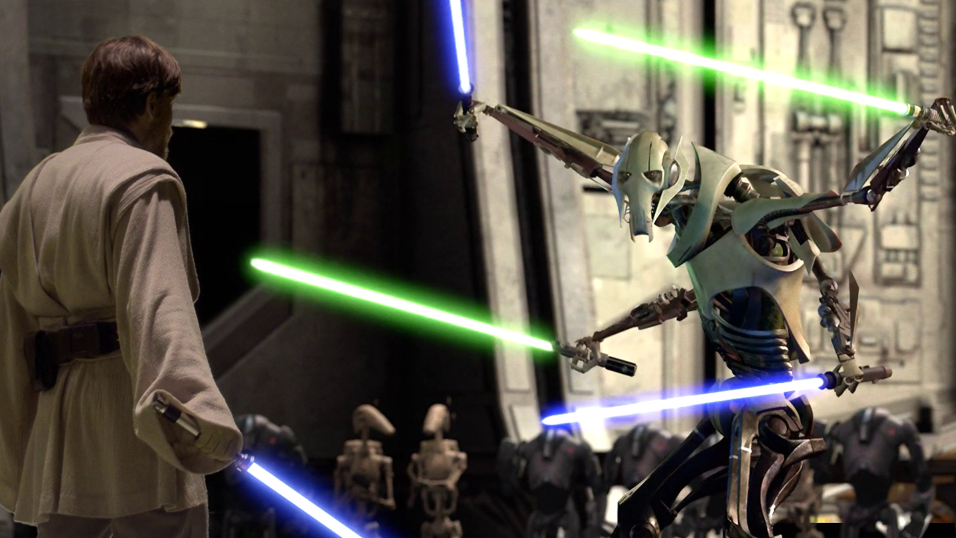 Obi-Wan duelando com o General Grievous em A Vingança dos Sith.