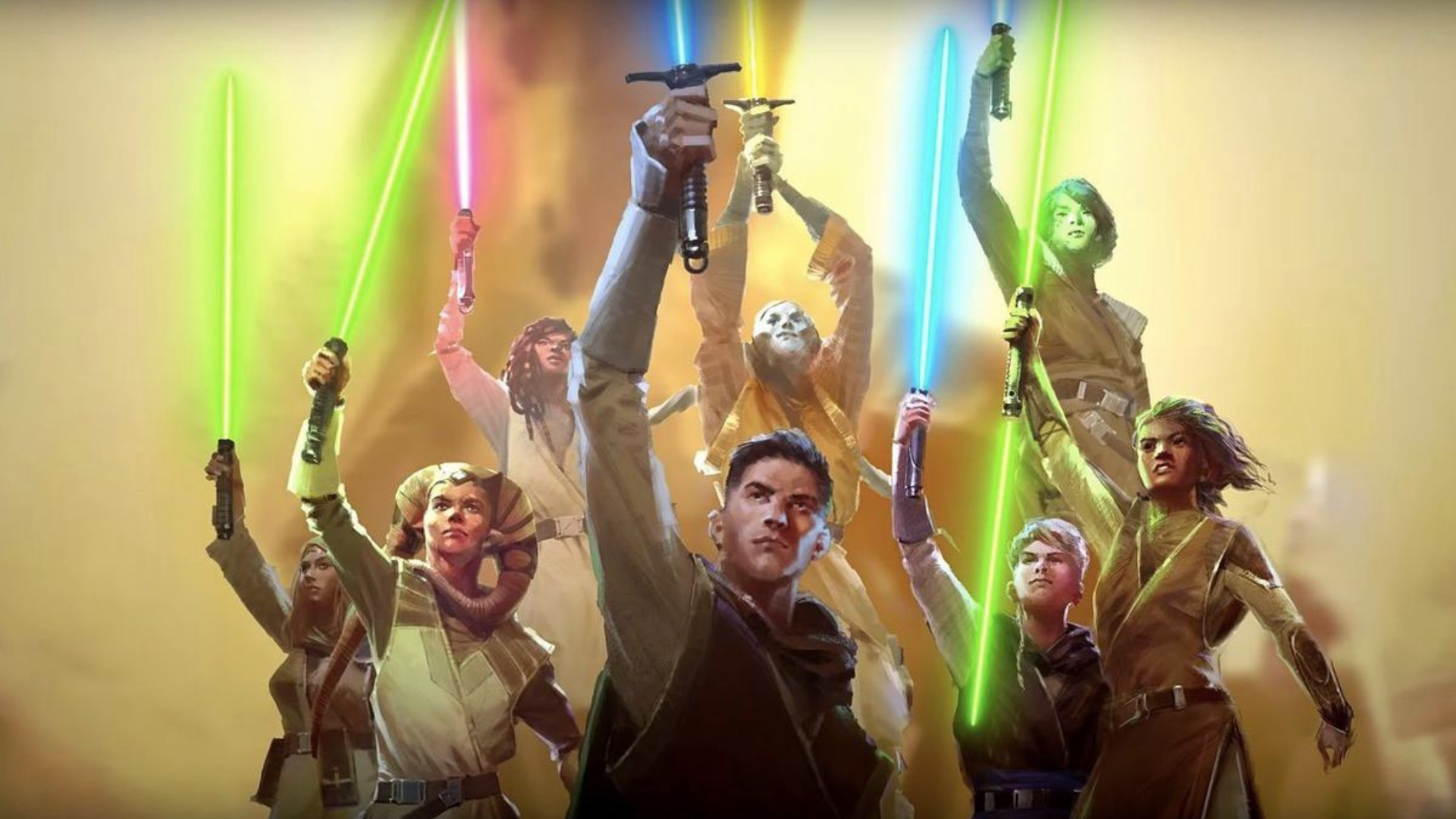 Um grupo de Jedi segurando seus sabres de luz na arte promocional da Alta República.