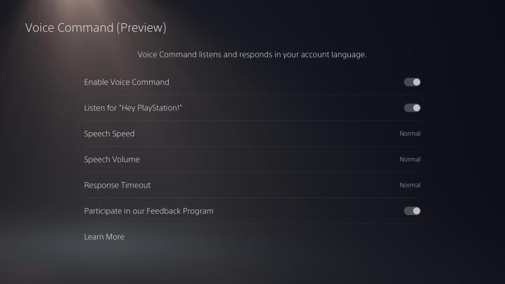 The PS5 voice command (preview) settings page.