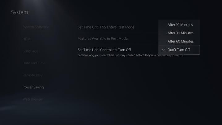 The PS5's power saving settings menu. 