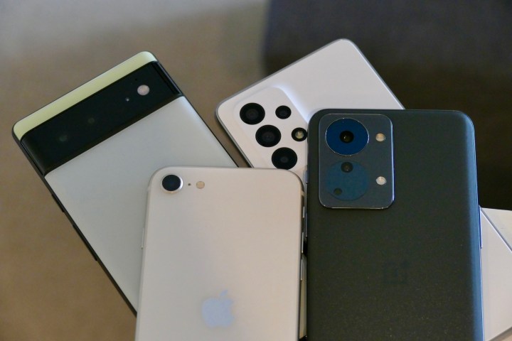 The Pixel 6, iPhone SE, Galaxy A53, and Nord 2T camera modules.