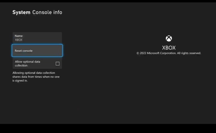 Reset Console Xbox Series X.