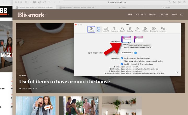 Safari Tab layout options include Separate and Compact.