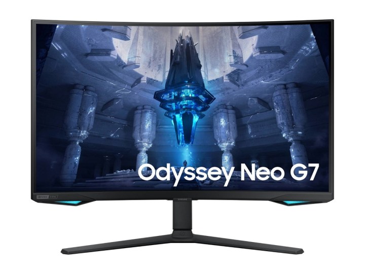 The front view of the Samsung Odyssey Neo G7 4K curved gaming monitor.