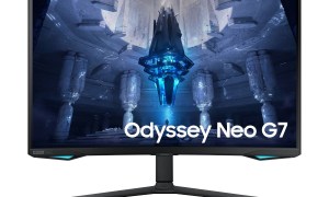 The front view of the Samsung Odyssey Neo G7 4K curved gaming monitor.