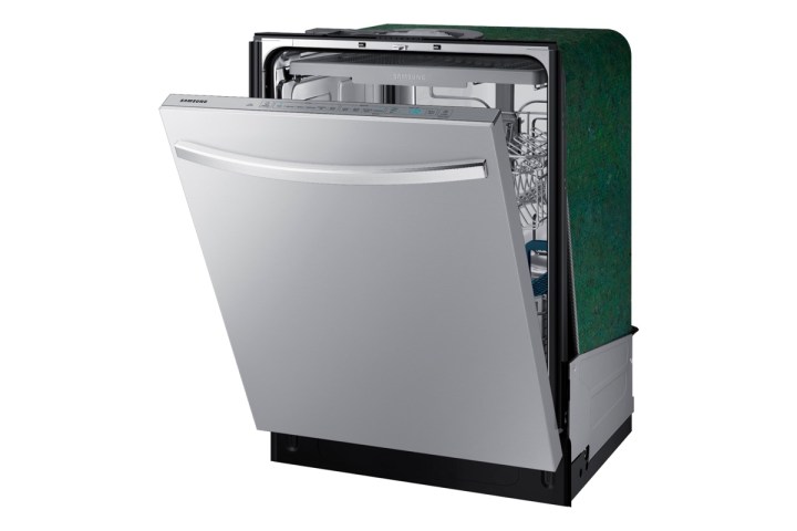 Front angle of an open 24-inch Samsung StormWash dishwasher.