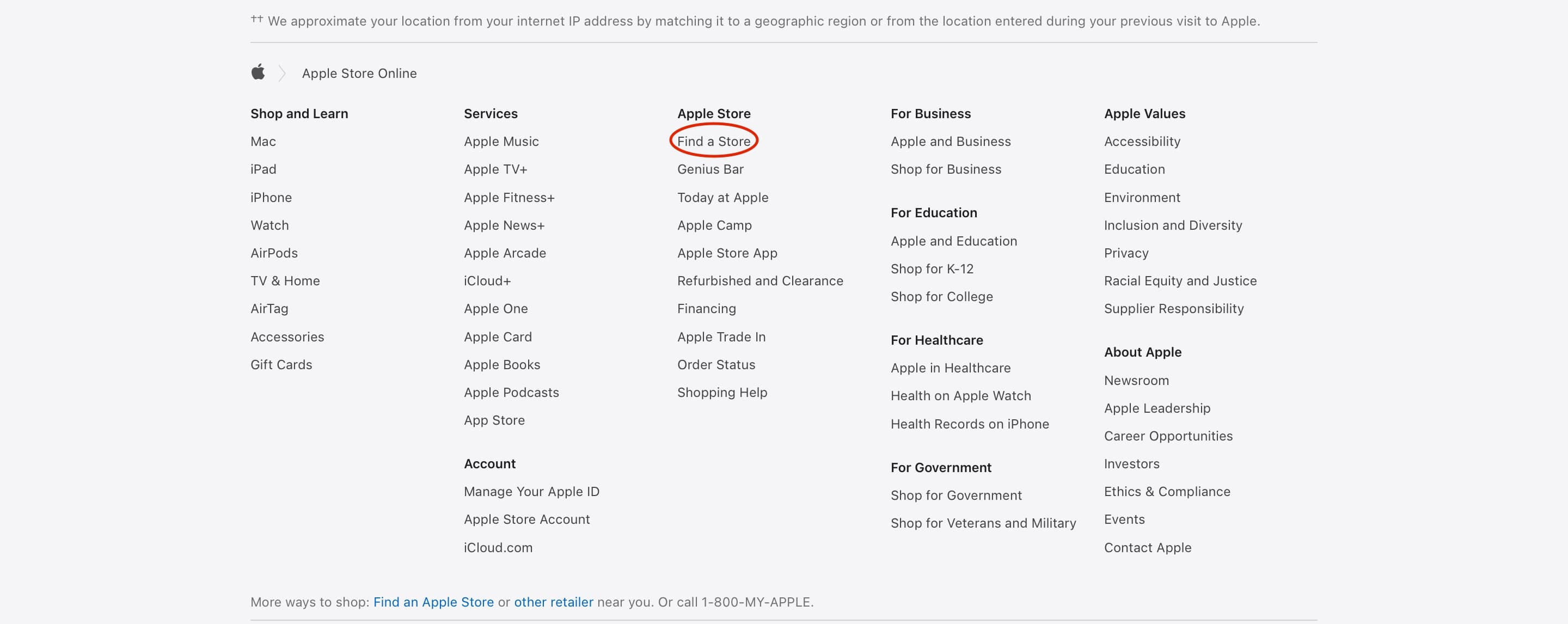 A parte inferior do site da Apple com Find A Store circulado em vermelho