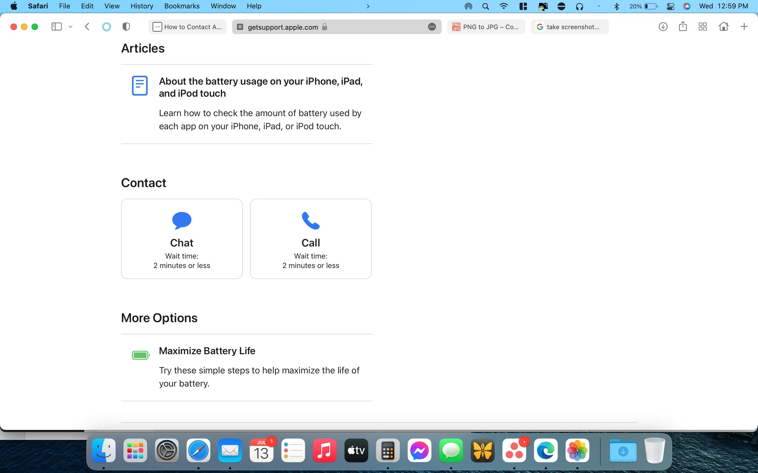 Site de suporte da Apple com opções para enviar mensagens ou ligar para eles