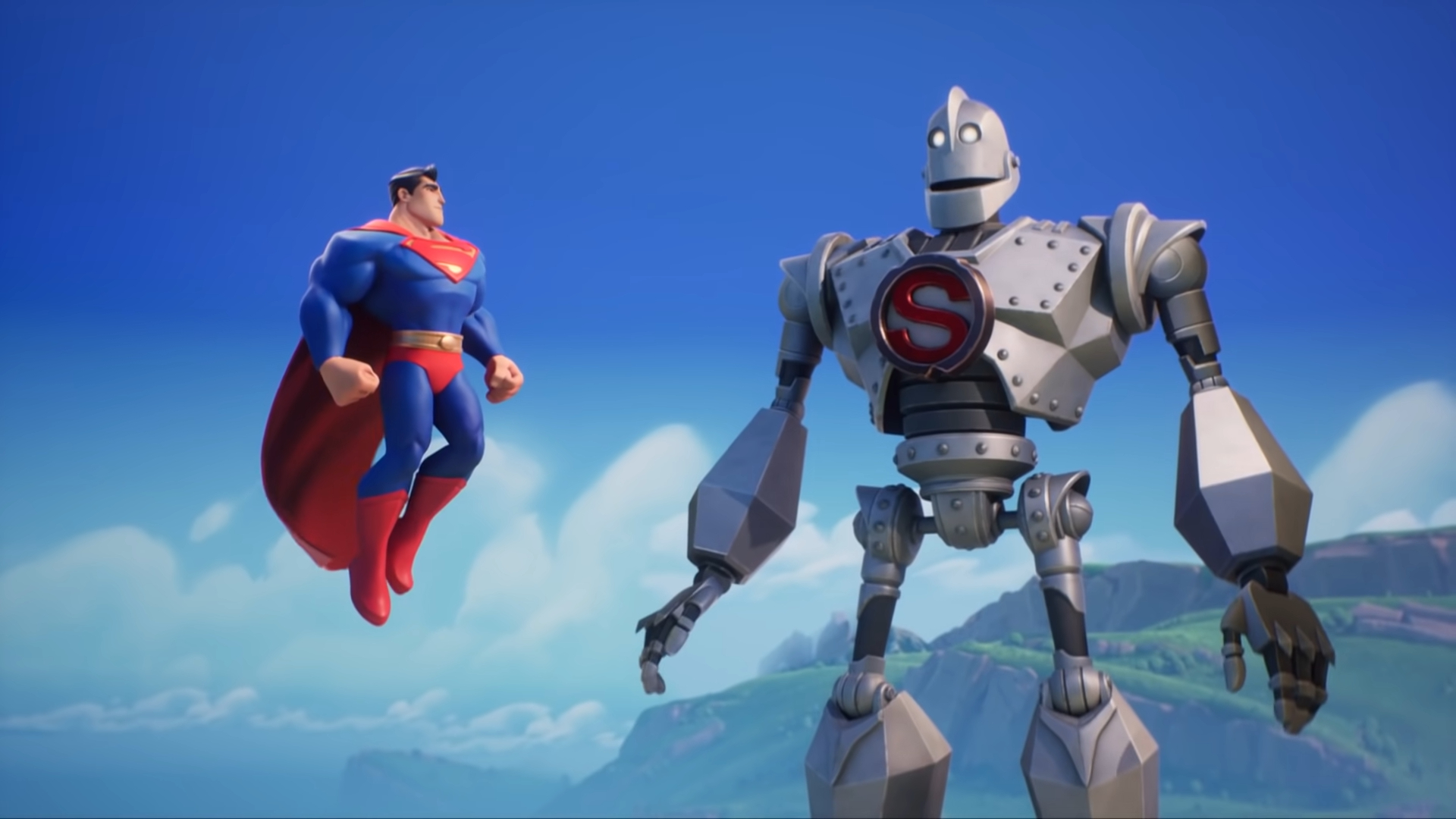 Superman e o gigante de ferro no céu.