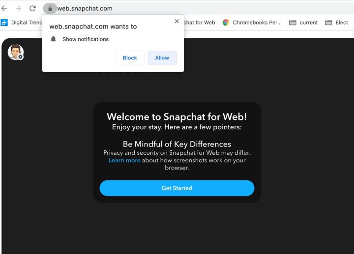 Snapchat on PC requests permission to show notifications.
