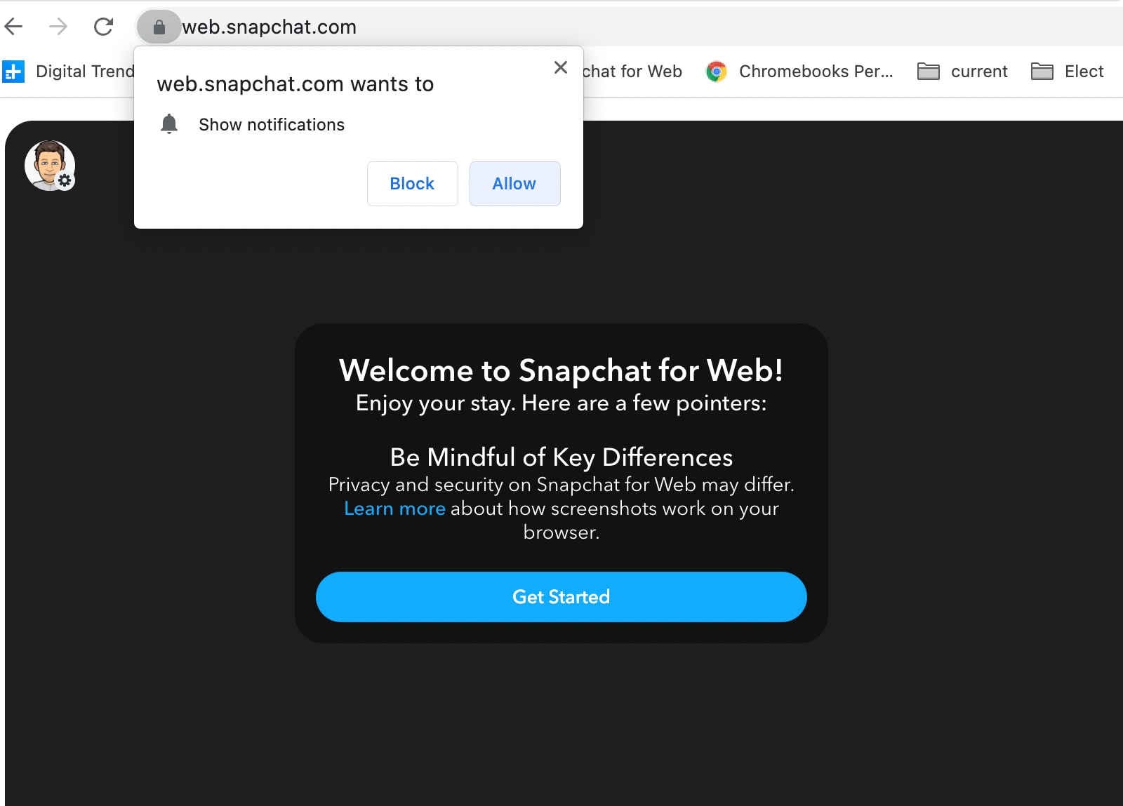 O Snapchat no PC solicita permissão para mostrar notificações.