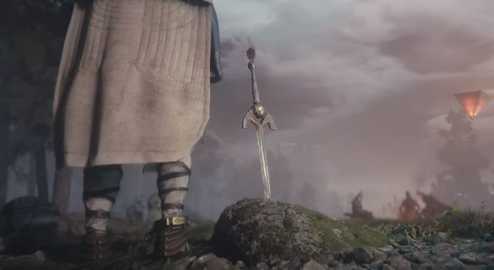 Watak SoulFrame berdiri dengan pedang yang tersangkut di tanah