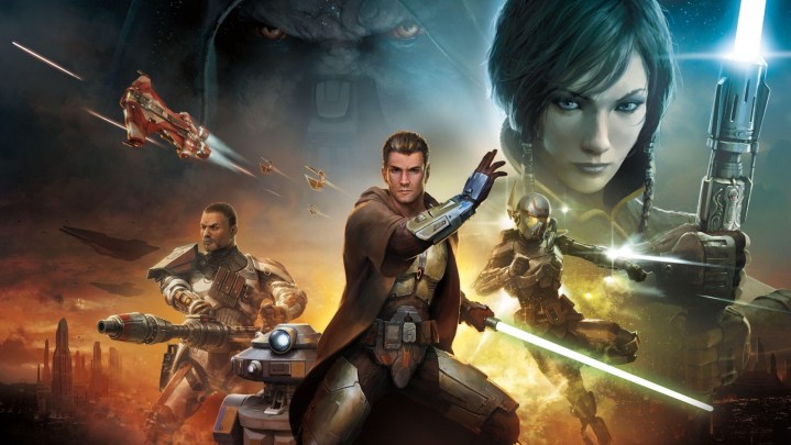 A collage of Star Wars characters in promo art for The Old Republic MMORPG.