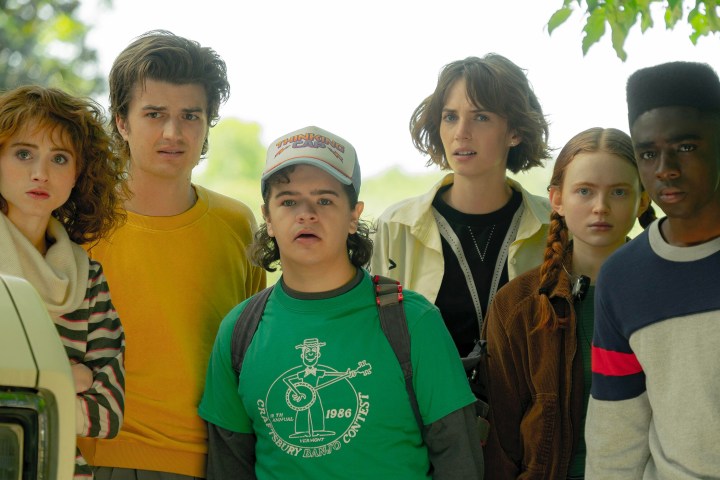 The cast of Stranger Things season 4 is standing in front of a field looking surprised.