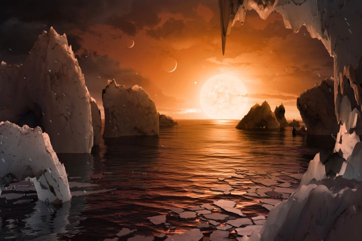Concepto artístico de la superficie del exoplaneta TRAPPIST-1f, ubicado en el sistema TRAPPIST-1.